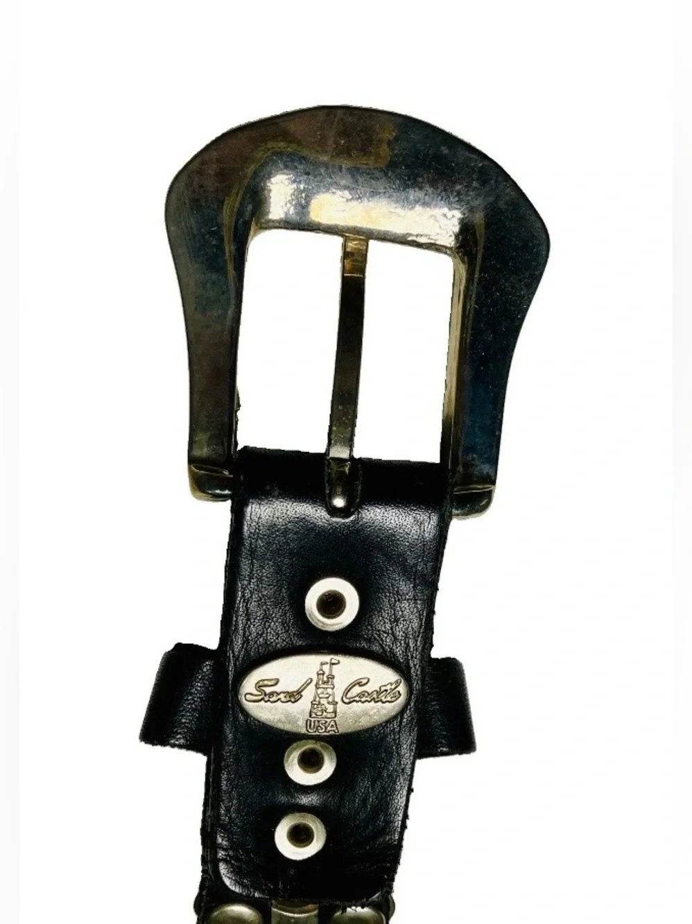 Vintage Heavy Sand Castle Black Leather Polished Steel 90s Biker Rocker Belt